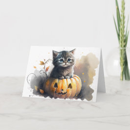 Akvarell Halloween Kittel i en Jack-o-lantern Helgkort