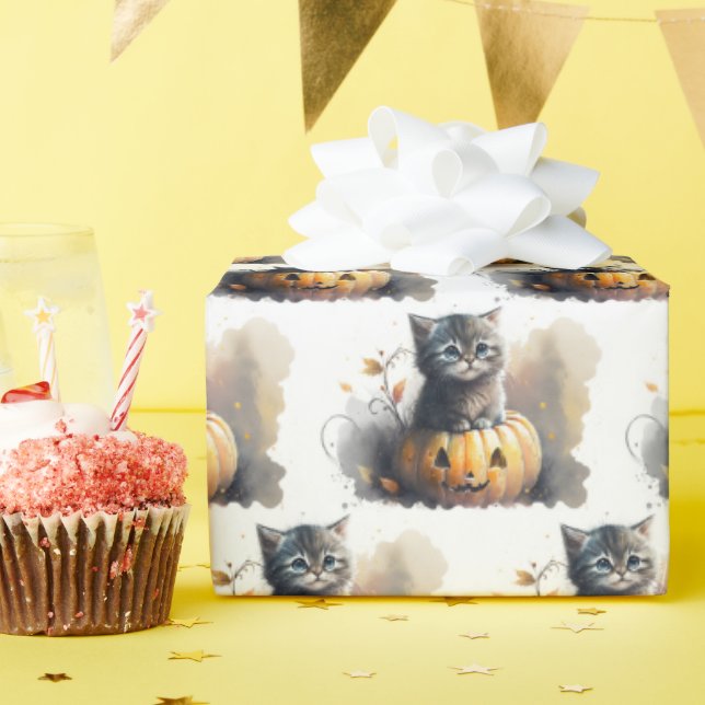 Akvarell Halloween Kittel I en Jack-o-lantern Presentpapper (Födelsedagsfest)