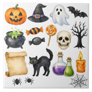 Akvarell Halloween-kollage Kakelplatta