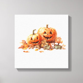 Akvarell Halloween-pumpor med höstlöv O Canvastryck