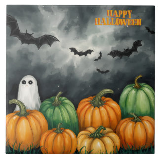 Akvarell Halloween-pumpor och spöke Kakelplatta