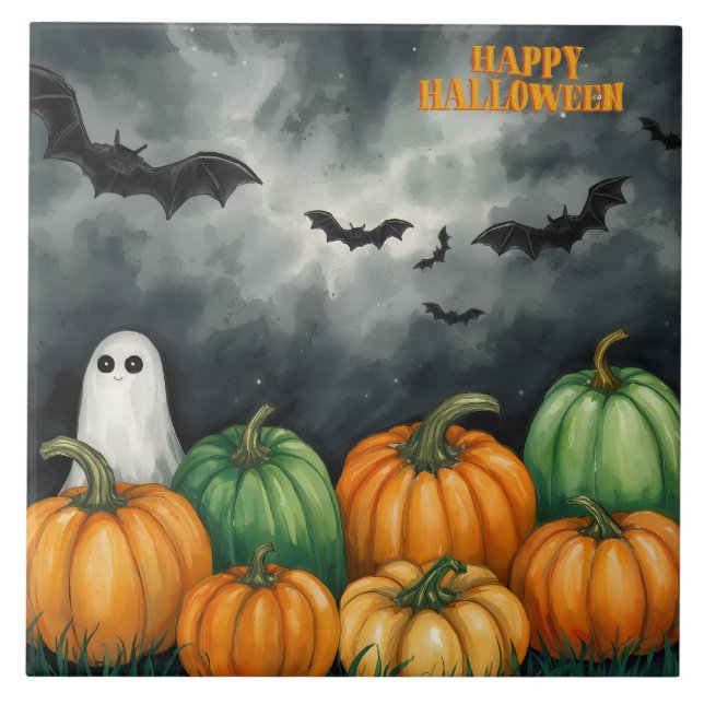 Akvarell Halloween-pumpor och spöke  Kakelplatta (Framsidan)