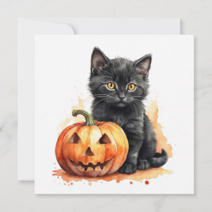 Akvarell Halloween Svart Katt med Pumpa Julkort
