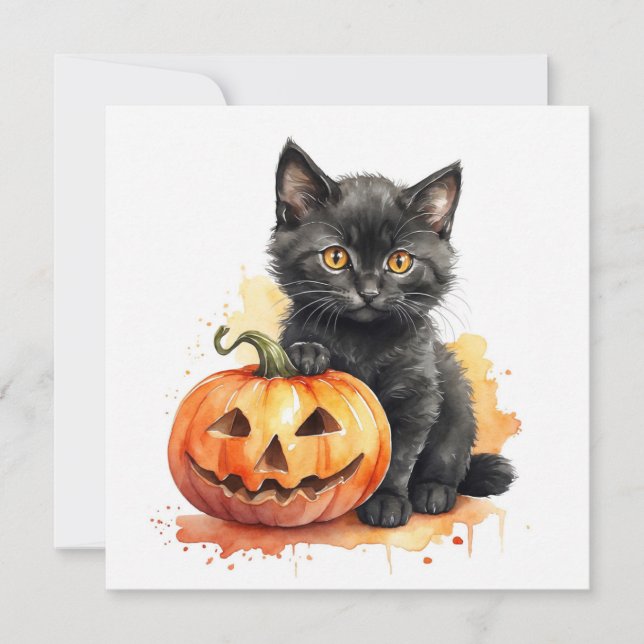 Akvarell Halloween Svart Kattunge och Pumpa  Julkort (Framsida)