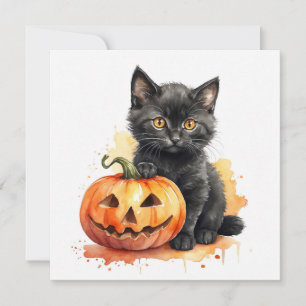 Akvarell Halloween Svart Kattunge och Pumpa Julkort