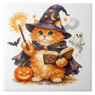 Akvarell Halloween Trollkarl Katt med Spöke Kakelplatta