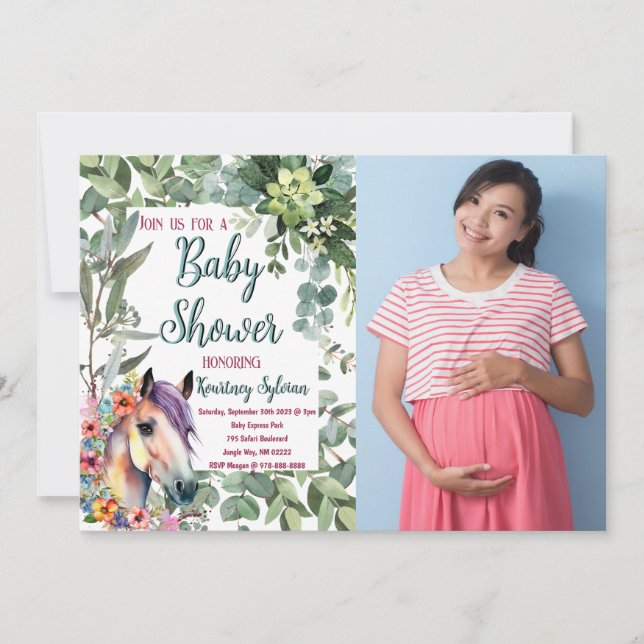 Akvarell Häst Blommor Anpassad Foto Baby Shower Inbjudningar (Framsida)