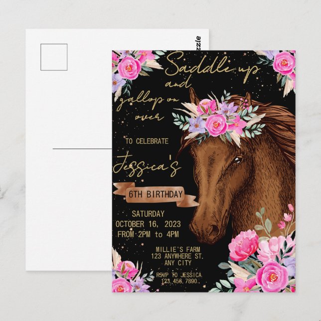 Akvarell häst födelsedag häst fest vykort (Fram/baksida)