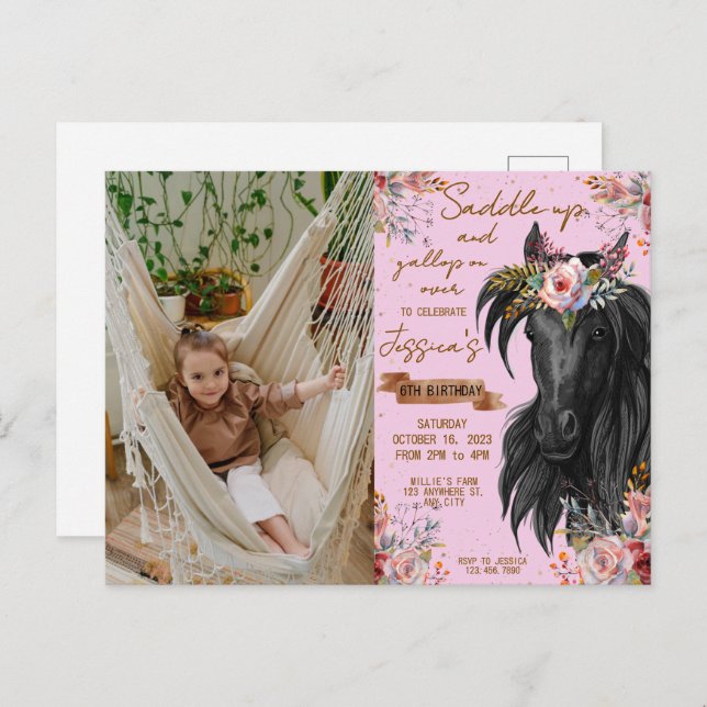 Akvarell häst födelsedags cowgirl vykort (Fram/baksida)