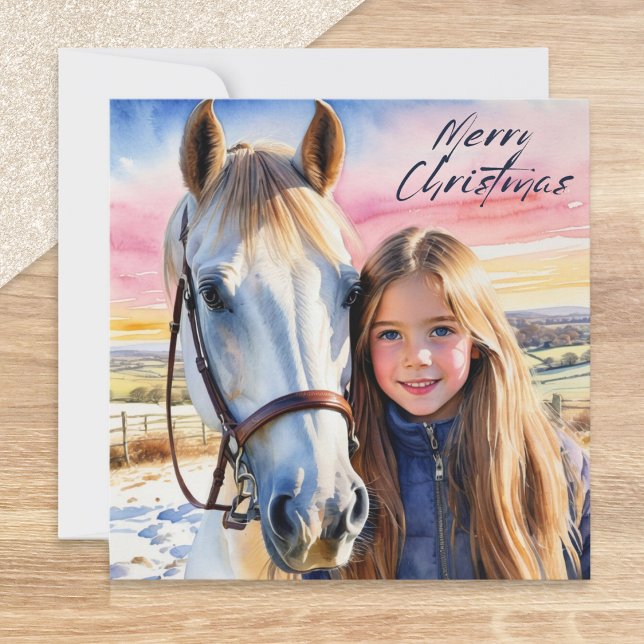 Akvarell Häst och Flicka Snö Bild Jul Julkort (A pretty Christmas card with illustration of a girl and her horse in a snowy paddock with sunset)