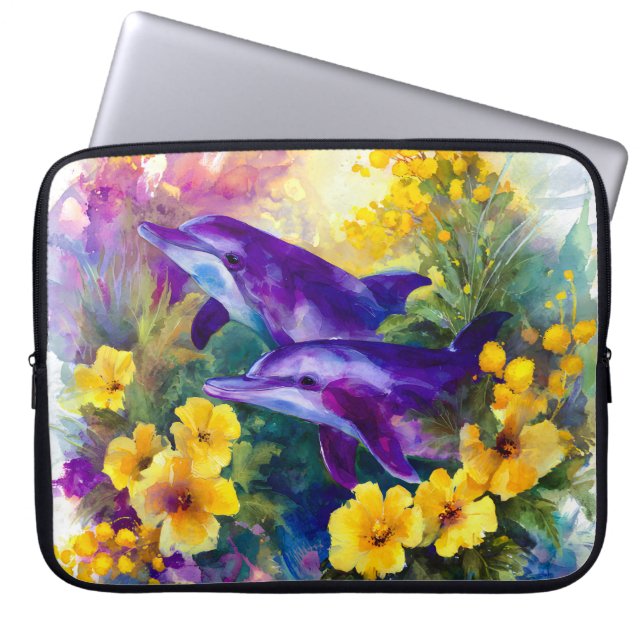 Akvarell Hav Delfiner Tropiska Blommor Laptop Fodral (Framsidan)