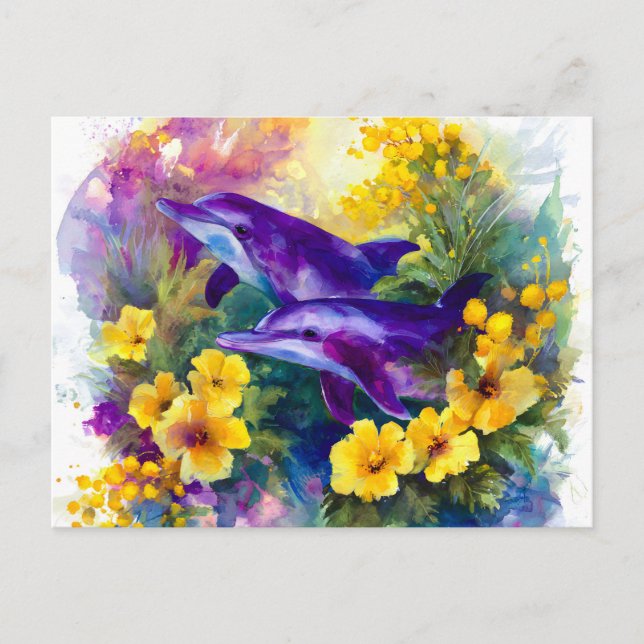 Akvarell Hav Deltar Tropiska Blommor Helg Vykort (Framsida)