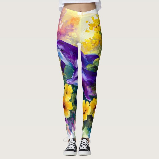 Akvarell Hav Deltar Tropiska Blommor Leggings (Framsida)