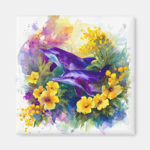 Akvarell Hav Deltar Tropiska Blommor Magnet
