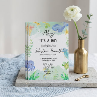 Akvarell Havsdjur Blå Ocean Bebis Shower Inbjudningar