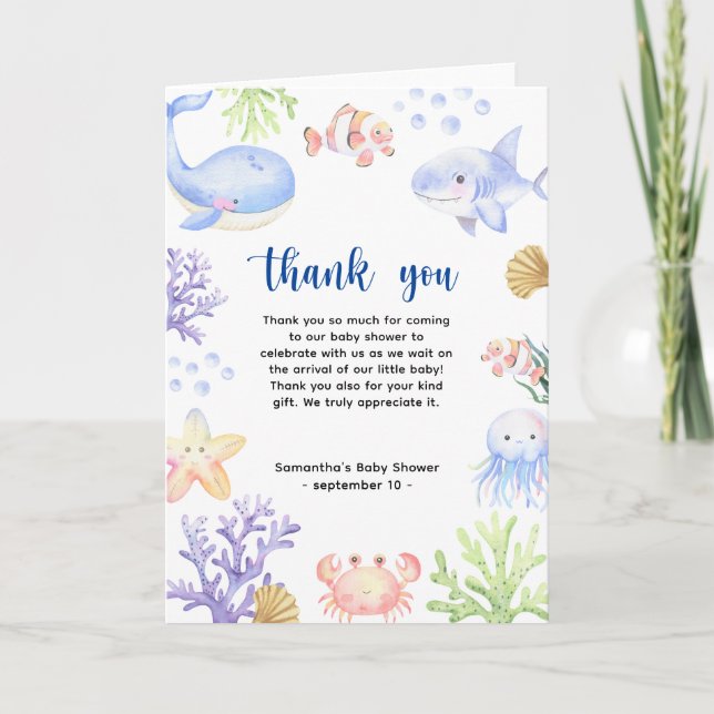 Akvarell havsdjur - tack baby shower kort (Framsida)