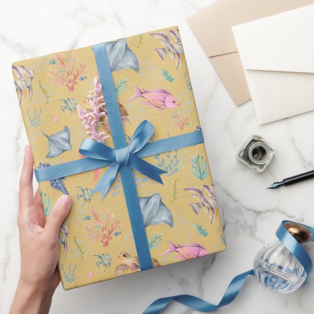 Akvarell Havsliv Texturerad Gul Presentpapper (Gifting)