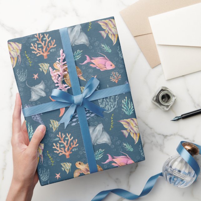 Akvarell Havsliv Texturerad Mörkblå Presentpapper (Gifting)