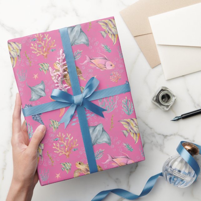 Akvarell Havsliv Texturerad Rosa Presentpapper (Gifting)