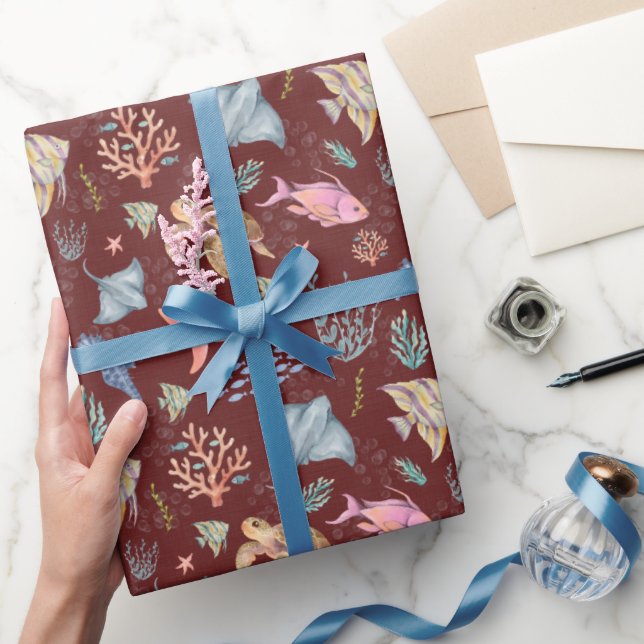 Akvarell Havsliv Texturerad Sangria Presentpapper (Gifting)