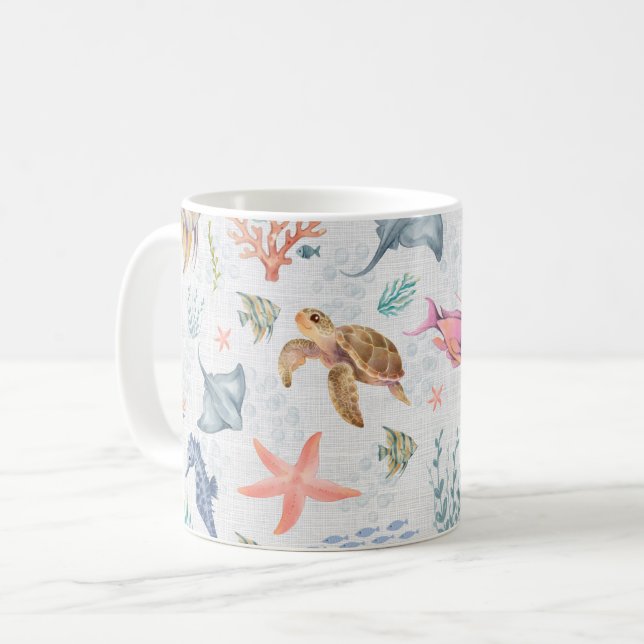 Akvarell Havsliv Texturerad Vit Kaffemugg (Framsida vänster)