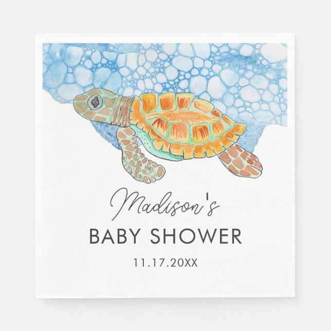 Akvarell Havssköldpadda Blå Vatten Bebis Shower Pappersservett (Framsidan)