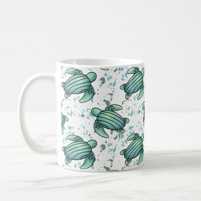 akvarell havssköldpadda grön blå mönster djur kaffemugg (Vänster)