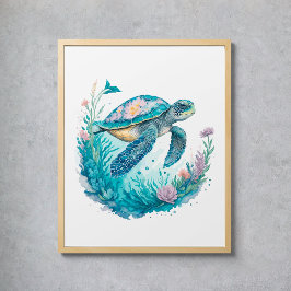 Akvarell Havssköldpadda Marin Djur Poster
