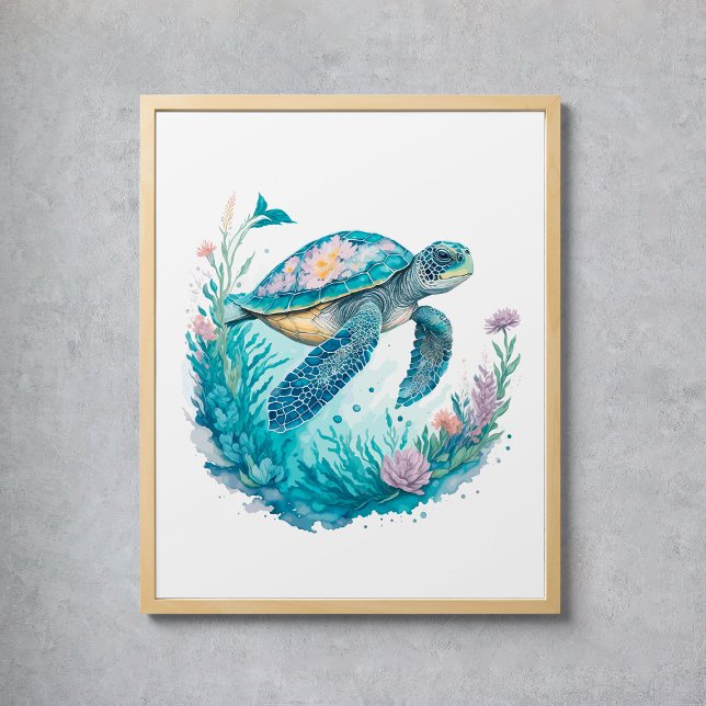 Akvarell Havssköldpadda Marin Djur Poster (Watercolor Sea Turtle Marine Animal Poster
)