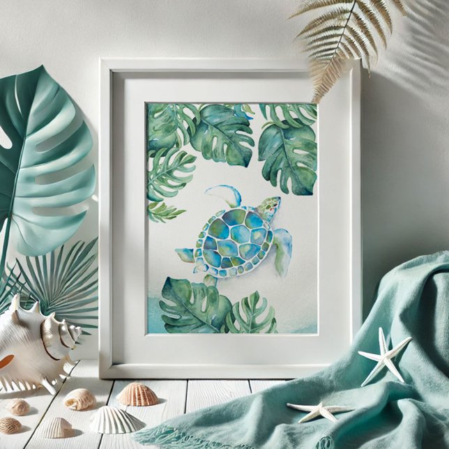 Akvarell Havssköldpadda och Monstera blad Poster (beach pictures watercolor sea turtle drawing with monstera palm leaves print by Victoria Grigaliunas)