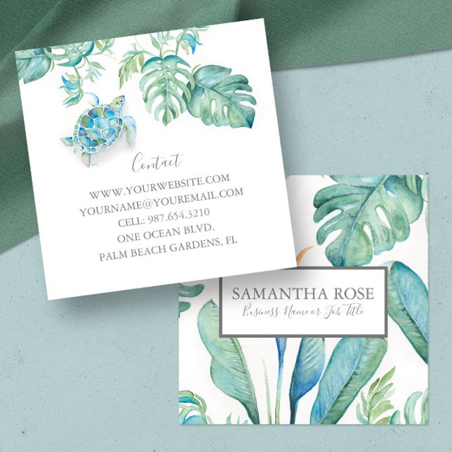 Akvarell Havssköldpadda Tropisk Grönska Fyrkantigt Visitkort (Florida tropical sea turtle business cards feature watercolor art Victoria Grigaliunas DoTellABelle)