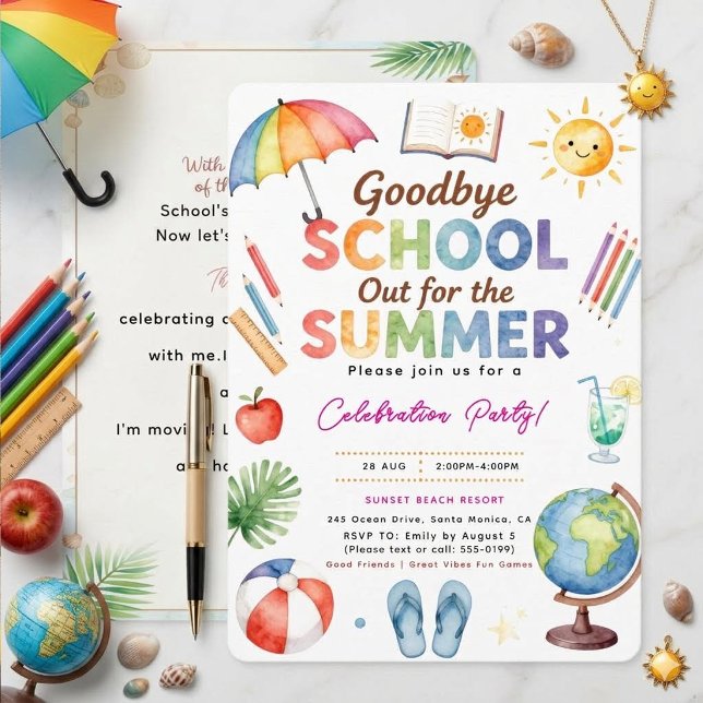 Akvarell Hej då skola sommarlov  Inbjudningar (Skapare uppladdad)