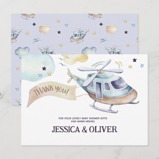 Akvarell Helikopterfest i Blått Tackkort Inbjudningar (Fram/baksida)