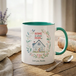 Akvarell Hemma är där Mamma är Anpassat Namn Mugg