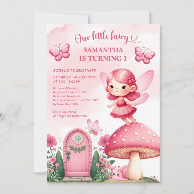 Akvarell hetpink sagostugsmö teparty flicka inbjudningar (Framsida)