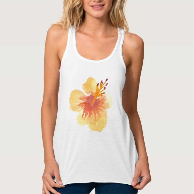 Akvarell Hibiskus Gul Orange Tropisk Blomma Linne Med Racerback (Framsida)