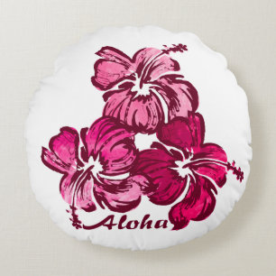 Akvarell Hibiskus Hawaiianskt Blommigt Vändbart Rund Kudde