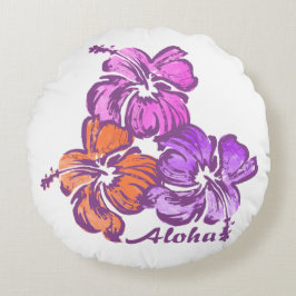 Akvarell Hibiskus Hawaiianskt Blommigt Vändbart Rund Kudde