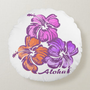Akvarell Hibiskus Hawaiianskt Blommigt Vändbart Rund Kudde