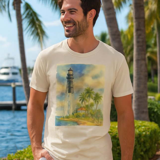 Akvarell Hillsboro Inlet Lighthouse Florida   T Shirt (relaxed Florida vibe with a man wearing Hillsboro  lighthouse watercolor tee)