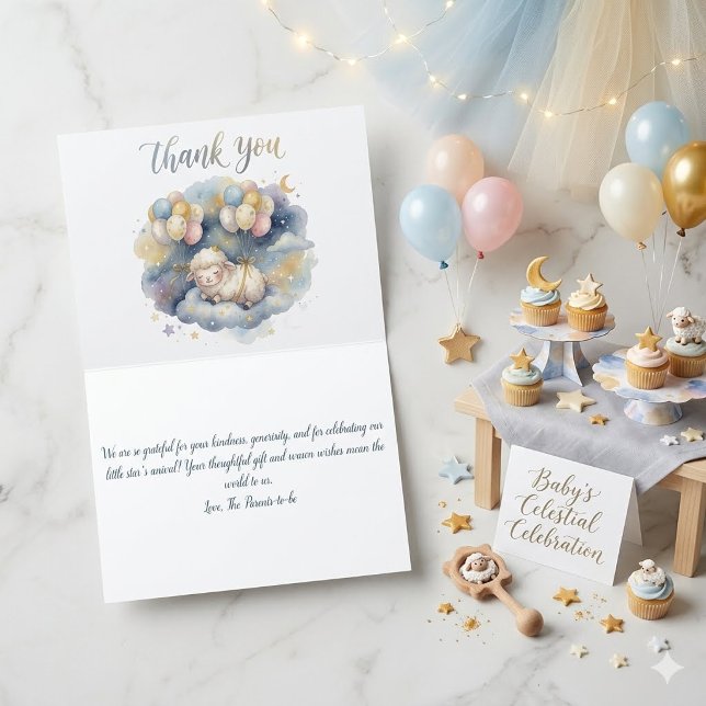 Akvarell Himmelsk Får & Ballonger Baby Shower Tack Kort (Skapare uppladdad)