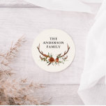 akvarell hjort blomster terrakotta modern elegant runt klistermärke<br><div class="desc">Modern elegant traditionell rustik hjort blomster skript modern vacker festgåva dekal. Del av en naturlig,  terrakotta,  svart och salvia grön elegant kollektion.</div>