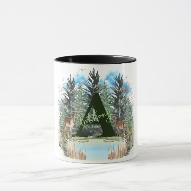 Akvarell Hjort Personlig Monogram Bokstav A Mugg (Center)