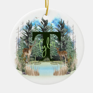 Akvarell Hjort Personlig Monogram Bokstav T Julgransprydnad Keramik