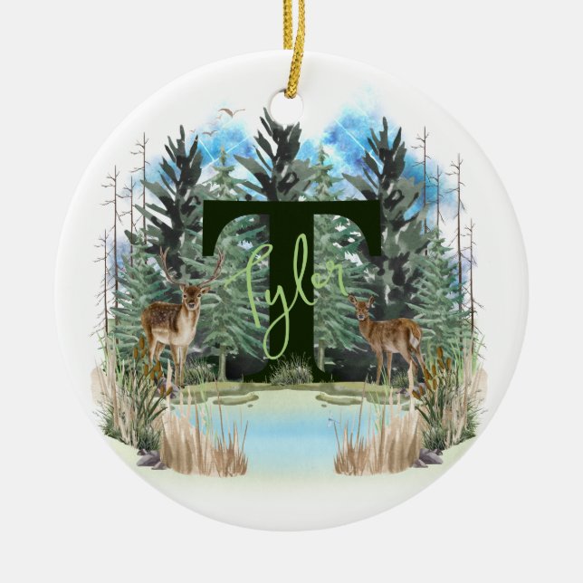 Akvarell Hjort Personlig Monogram Bokstav T Julgransprydnad Keramik (Framsidan)