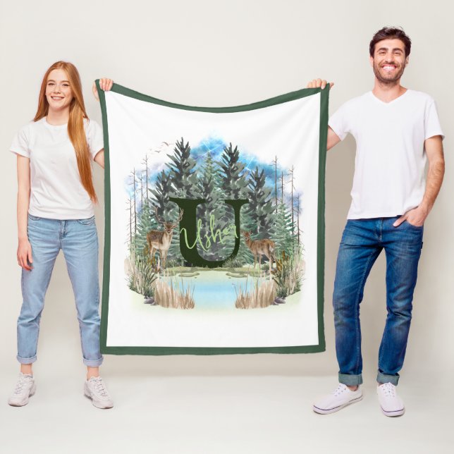 Akvarell Hjort Personlig Monogram Bokstav U Fleecefilt (På plats)