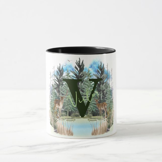 Akvarell Hjort Personlig Monogram Bokstav V Mugg (Center)