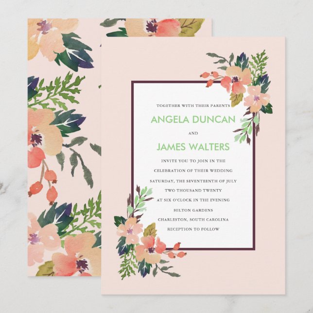 Akvarell hörnblommor bröllopsinbjudan inbjudningar (Fram/baksida)