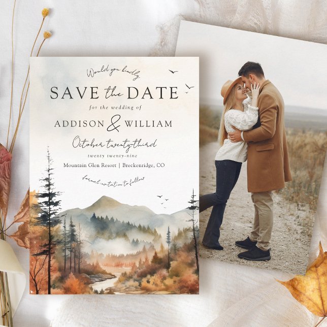 Akvarell Höst Berg Skog Boho Foto Bröllop Spara Datumet (Watercolor Fall mountain trees  forest landscape boho chic photo Autumn wedding save the date card)