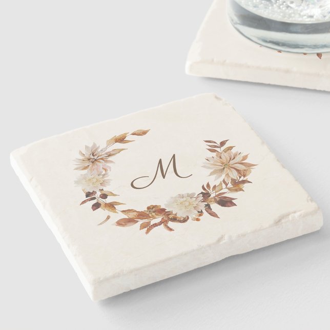 Akvarell Höst Blommiga Löv Lövverk Monogram Sto Stenunderlägg (Watercolor Fall Floral Leaves Foliage Monogram Stone Coaster by Painted Paperie
)